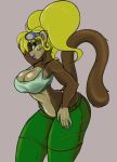  big_breasts big_butt blonde_hair breasts brown_fur butt cleavage clothed clothing conditional_dnp ear_piercing eyeshadow eyewear female fur goggles green_eyes hair lips makeup mammal midriff monkey piercing primate purple_lips shorts solo ukiki wide_hips xopachi 