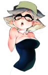  bare_shoulders breasts cleavage commentary detached_collar domino_mask earrings fang half-closed_eyes hotaru_(splatoon) jewelry large_breasts mask mole mole_under_eye open_mouth pointy_ears roropull silver_hair simple_background sketch splatoon_(series) strapless tentacle_hair white_background yellow_eyes 