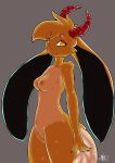  2018 anthro breasts brown_eyes brown_fur digital_media_(artwork) female fur horn long_ears looking_at_viewer nipples nude piercing pussy ral raljoy signature simple_background smile solo tojol 