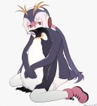  animal black_hair blonde_hair boots commentary_request emperor_penguin eyebrows_visible_through_hair headphones hood hoodie kemono_friends long_hair long_sleeves multicolored_hair object_hug penguin_tail red_eyes royal_penguin_(kemono_friends) seto_(harunadragon) signature sitting solo tail twintails wariza white_hair 