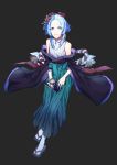  alternate_costume blue_eyes blue_hair dark_background euclase_(houseki_no_kuni) flower full_body hair_flower hair_ornament hair_ribbon hakama heterochromia high_collar houseki_no_kuni japanese_clothes looking_at_viewer magnifying_glass meng multicolored_hair notebook off_shoulder ribbon sandals short_hair simple_background sleeveless smile solo tabi white_eyes white_hair wide_sleeves 