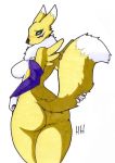  2019 anthro armwear bare_shoulders big_breasts big_butt big_thighs black_sclera blue_eyes blush breasts butt canine clothing curvaceous digimon digimon_(species) elbow_gloves eyebrows eyelashes female fur gloves haibet hi_res humanoid_hands legwear looking_at_viewer looking_back mammal neck_fur nude presenting presenting_hindquarters raised_tail rear_view renamon simple_background solo standing thick_thighs thigh_highs traditional_media_(artwork) video_games voluptuous white_fur wide_hips yellow_fur 