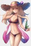  bad_id bad_twitter_id bare_shoulders big_hair bikini blonde_hair breasts cleavage commentary_request dorothy_(shingeki_no_bahamut) grey_background hair_between_eyes hand_up hat inaba_sunimi large_breasts legs_together long_hair looking_at_viewer navel red_bikini red_eyes shadowverse shingeki_no_bahamut simple_background smile solo standing straw_hat swimsuit wristband 