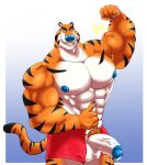  abs anthro balls clothing feline flexing frosted_flakes humanoid_penis male mammal miguel_okami muscular penis precum smile solo tiger tony_the_tiger wardrobe_malfunction 