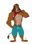  2017 4_toes abs anthro barefoot beard biceps biped black_nipples blue_bottomwear blue_clothing blue_shorts brown_fur brown_hair brown_nose brown_tail clothed clothing clothing_lift cyrus_(rembrant) digital_media_(artwork) facial_hair feline front_view full-length_portrait fur furrybob green_eyes hair hi_res lion long_hair looking_at_viewer male mammal mature_male multicolored_fur muscular muscular_male nipples pecs portrait red_clothing red_shirt red_topwear shirt shirt_lift shorts signature simple_background smile solo standing tail_tuft tan_fur tank_top toes tuft two_tone_fur white_background 