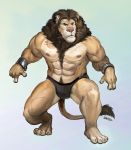  anthro big_muscles bulge clothed clothing ear_piercing english_text eyebrows feline full-length_portrait gamutfeathers hi_res lion male mammal mane muscular muscular_male navel nipples piercing portrait pubes scar simple_background solo text topless whiskers wrestler 