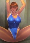  1girl arm_up breasts homare_(fool&#039;s_art) large_breasts short_hair solo swimsuit 