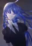  androgynous bangs blue_eyes blue_hair blunt_bangs colored_eyelashes decapitation gem_uniform_(houseki_no_kuni) highres houseki_no_kuni lapis_lazuli_(houseki_no_kuni) long_hair meng necktie smile solo sparkle straight_hair upper_body 