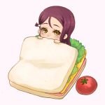  beniko08 commentary food hair_ornament hairclip half_updo highres in_food lettuce looking_at_viewer love_live! love_live!_sunshine!! minigirl pink_background red_hair sakurauchi_riko sandwich simple_background solo tomato yellow_eyes 