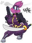  anthro bat big_breasts breasts clothed clothing dual female gun handgun hi_res holding_object holding_weapon katana mammal melee_weapon monochrome ranged_weapon simple_background solo somebodyyoudespise sophie_slam sword thick_thighs vimhomeless voluptuous weapon white_background wide_hips 