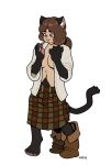  2018 animal_humanoid big_breasts blackshirtboy breasts brown_hair cat_humanoid feline female hair humanoid kilt long_hair mammal pawpads shrinking solo standing transformation 