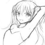  arms_behind_head greyscale leotard looking_at_viewer monochrome open_mouth original playboy_bunny_leotard sketch smile solo sookmo twintails work_in_progress 