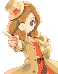  black_ribbon blue_eyes brown_hair closed_mouth coat commentary_request curly_hair dress hairband hand_on_hip hat katrielle_layton kuga_tsukasa layton's_mystery_journey looking_at_viewer one_eye_closed open_clothes open_coat pointing pointing_at_viewer red_dress ribbon sideways_hat simple_background smile solo top_hat upper_body white_background 
