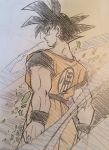  back_turned black_hair commentary dougi dragon_ball dragon_ball_z frown highres image_sample looking_away male_focus profile serious short_hair solo son_gokuu spiked_hair standing takahashi_yuuya traditional_media twitter_sample wristband 