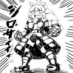  :d animal_ears armor blush_stickers boobplate boots breastplate clenched_hands drill_hair emphasis_lines faulds full_body gauntlets greyscale hare_(tetterutei) highres kemono_friends legs_apart long_hair looking_at_viewer monochrome open_mouth panties plate_armor pointy_boots rhinoceros_ears smile solo standing thighhighs translated underwear white_rhinoceros_(kemono_friends) 