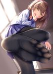  ashida_machi bangs black_legwear blue_sailor_collar blue_skirt blurry blurry_background blush brown_eyes brown_hair commentary_request day depth_of_field desk eyebrows_visible_through_hair feet fine_fabric_emphasis fingernails gurande_(g-size) gusset hair_between_eyes hair_bobbles hair_ornament hand_to_own_mouth highres indoors long_hair long_sleeves looking_at_viewer no_shoes open_mouth original pantyhose pleated_skirt sailor_collar school_desk school_uniform serafuku shirt skirt soles solo standing standing_on_one_leg sunlight two_side_up white_shirt window 