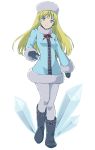  alternate_costume arc_the_lad bangs blonde_hair blue_eyes boots bow bowtie breasts character_request closed_mouth coat commentary_request dress full_body fur_hat fur_trim hat ice long_hair long_sleeves looking_at_viewer pantyhose smile solo standing surume_(surume_8738) walking white_background winter_clothes 