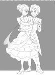 1boy 1girl blush bracelet cleavage collarbone couple dancing darling_in_the_franxx dress earrings formal fringe hand_holding hetero high_heels hiro_(darling_in_the_franxx) horns hug_from_behind k_016002 long_hair looking_at_another monochrome oni_horns pants shoes short_hair sleeveless_dress suit zero_two_(darling_in_the_franxx) 