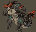  abs action_pose animal_genitalia anthro back_spikes biceps big_pecs black_scales blue_eyes claws curled_horns dragon fist flexing genital_slit gyouzamarosan horn hyper hyper_muscles male markings muscular nude orange_horn pecs pose scales showing_teeth simple_background slit solo spiked_tail standing teeth 
