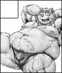  2015 barazoku bear blush bulge clothing greyscale hands_behind_back kemono kotobuki looking_at_viewer male mammal monochrome muscular obese one_eye_closed overweight simple_background solo speedo supine sweat swimsuit white_background wink 