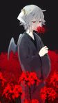  2017 4_fingers ambiguous_gender animal_humanoid biped black_background clothed clothing curved_horn depth_of_field digital_drawing_(artwork) digital_media_(artwork) dragon_humanoid draken_(end_roll) end_roll eyelashes flower front_view girly grey_hair grey_wings hair half-closed_eyes higanbana holding_flower holding_object horn humanoid humanoid_hands japanese japanese_clothing kantera light_skin looking_down membranous_wings pale_skin plant red_eyes s_kouzi short_hair simple_background small_wings sniffing sniffing_flower solo standing video_games white_horn wings yukata 