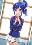  :d aikatsu! aikatsu!_(series) bangs blue_eyes blue_hair blue_jacket blue_scrunchie blush commentary cowboy_shot day dutch_angle eyebrows_visible_through_hair fingernails hair_ornament hair_scrunchie hands_up highres indoors jacket kiriya_aoi long_hair long_sleeves open_mouth pleated_skirt ponytail round_teeth rurukuru school_uniform scrunchie shirt side_ponytail sidelocks skirt smile solo starlight_academy_uniform sunlight teeth upper_teeth white_shirt white_skirt window 