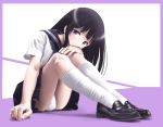  black_hair black_skirt chitanda_eru commentary_request hand_on_own_knee highres hyouka kneehighs knees_to_chest knees_up legs loafers long_hair panties pantyshot pantyshot_(sitting) pleated_skirt purple_eyes school_uniform serafuku shirt shoes sitting skirt smile solo tora_tsugumi underwear upskirt white_legwear white_panties white_shirt 