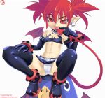  1girl bikini_top bracelet buckle cameltoe choker demon_girl demon_tail demon_wings disgaea earrings elbow_gloves etna flat_chest gloves krokobyaka licking midriff miniskirt panties pointy_ears prinny red_eyes red_hair short_hair simple_background skull_earrings solo spread_legs tail thigh_boots tongue tongue_out twintails white_background white_panties wings 