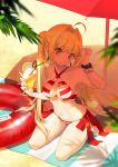  ahoge bare_legs bare_shoulders barefoot beach beach_towel bikini blonde_hair blue_eyes blurry blurry_foreground bracelet breasts closed_mouth commentary crazy_straw cup depth_of_field drinking_glass drinking_straw earrings error fate/grand_order fate_(series) food fruit hair_intakes heart_straw holding innertube jewelry large_breasts lilithbloody long_hair looking_at_viewer navel nero_claudius_(fate)_(all) nero_claudius_(swimsuit_caster)_(fate) orange orange_slice outdoors red_bikini sand seiza side-tie_bikini sitting smile solo striped striped_bikini swimsuit towel twintails 