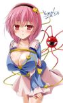  blush breasts cleavage dated eyeball hairband heart heart-shaped_pupils komeiji_satori large_breasts leaning_forward looking_at_viewer parted_lips partially_unbuttoned pink_hair pink_skirt signature skirt solo symbol-shaped_pupils third_eye touhou yamu_(reverse_noise) 