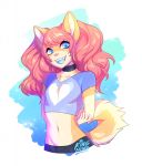  anthro armony blue_eyes blue_tongue canine choker clothed clothing crop_top dog enjoipandas girly hair looking_at_viewer male mammal midriff navel open_mouth pants pink_hair shiba_inu shirt simple_background smile solo 