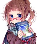  bad_id bad_pixiv_id bangs blue_eyes blue_sailor_collar blue_shirt blush book book_focus brown_cardigan brown_hair cardigan closed_mouth fingernails glasses green_scarf hands_up high_ponytail holding holding_book long_hair long_sleeves looking_at_viewer naoton original red-framed_eyewear red_neckwear sailor_collar scarf school_uniform serafuku shirt side_ponytail simple_background sleeves_past_wrists solo striped striped_scarf vertical-striped_scarf vertical_stripes white_background 