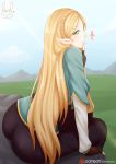  &lt;3 1girl ass blonde_hair blush braid breasts clothed fingerless_gloves gloves grass green_eyes hips huge_ass large_breasts lewdlux lips long_hair looking_at_viewer looking_back mountain nintendo pants pointy_ears princess_zelda sitting sky solo the_legend_of_zelda the_legend_of_zelda:_breath_of_the_wild thighs wide_hips 