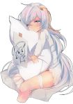  bandaged_leg bandages bangs blue_eyes blush closed_mouth commentary dress eyebrows_visible_through_hair girls_frontline hair_between_eyes half-closed_eyes intravenous_drip long_hair looking_at_viewer peanutc pillow pillow_hug ribeyrolles_1918_(girls_frontline) sidelocks silver_hair simple_background sitting solo tearing_up very_long_hair wavy_hair white_background 