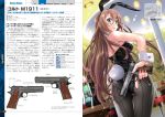  animal_costume animal_ears artbook blue_eyes brown_hair bunny_ears bunny_girl bunny_tail bunnysuit commentary cowboy_shot fake_animal_ears fishnet_pantyhose fishnets gun handgun highres holding holding_weapon katahira_masashi leotard long_hair looking_at_viewer m1911 mc_axis military pantyhose smile solo tail weapon wrist_cuffs 