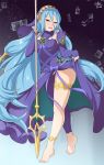  1girl 2018 alternate_costume aqua_(fire_emblem_if) artist_name barefoot blue_hair breasts dated exlic eyebrows_visible_through_hair feet fire_emblem fire_emblem_if hair_between_eyes lance long_hair medium_breasts shiny shiny_hair shiny_skin veil yellow_eyes 