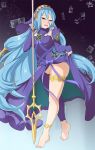  1girl 2018 alternate_costume aqua_(fire_emblem_if) artist_name barefoot blue_hair breasts dated exlic eyebrows_visible_through_hair feet fire_emblem fire_emblem_if hair_between_eyes lance long_hair medium_breasts pussy shiny shiny_hair shiny_skin veil yellow_eyes 