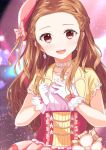  :d blurry blurry_background bow brown_hair collarbone corset earrings gloves hat hat_bow highres idolmaster idolmaster_cinderella_girls idolmaster_cinderella_girls_starlight_stage jewelry long_hair necklace open_mouth ototsu_kei pink_bow pink_hat red_eyes seki_hiromi smile solo standing upper_body white_gloves 