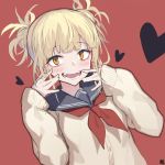  :d blonde_hair blush boku_no_hero_academia brown_eyes cardigan commentary_request dutch_angle fangs hair_bun hands_up heart heart-shaped_pupils highres long_sleeves looking_at_viewer neckerchief open_mouth red_background red_neckwear school_uniform sidelocks simple_background sleeves_past_wrists smile solo symbol-shaped_pupils toga_himiko u.a._school_uniform yuri_shoutu 