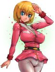  amania_orz aqua_eyes belt blonde_hair blue_eyes breasts character_request commentary_request earth_federation gundam large_breasts long_sleeves looking_at_viewer pants salute short_hair solo 