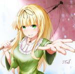  alternate_costume baileys_(tranquillity650) black_ribbon blonde_hair blush breasts collarbone commentary_request dress eyebrows_visible_through_hair green_dress green_eyes hair_ornament hair_ribbon highres holding holding_umbrella jewelry kantai_collection long_hair looking_at_viewer medium_breasts necklace open_mouth pendant rain reaching_out ribbon ruby_(stone) signature smile solo straight_hair umbrella wide_sleeves yuudachi_(kantai_collection) 