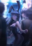  1girl 2boys absurdres animal_ears azusagawa_sakuta bare_arms bare_shoulders black_bunny_ears black_hair black_legwear black_leotard black_neckwear blue_eyes blurry blurry_background blurry_foreground blush bow bowtie breasts brown_eyes brown_hair bunny_ears bunny_girl bunny_tail bunnysuit clenched_hands closed_mouth depth_of_field detached_collar floating_hair hair_ornament hairclip highres leotard long_hair looking_at_another looking_at_viewer looking_back manip21 medium_breasts multiple_boys neck outdoors pantyhose parted_lips sakurajima_mai school_uniform seishun_buta_yarou serious short_hair signature standing strapless strapless_leotard tail wrist_cuffs 