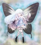  1girl aerie_(bravely_default) bare_shoulders black_gloves blue_eyes bravely_default:_flying_fairy bravely_default_(series) burakkori butterfly_wings dress fairy fairy_wings full_body gloves highres long_hair outstretched_hand pointy_ears short_dress smile solo strapless strapless_dress thigh_gap thigh_strap very_long_hair white_dress white_hair wings 