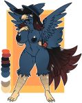  anthro avian beak big_breasts bird breasts demonnyuu digital_media_(artwork) female hair hat long_hair murkrow nintendo nipples non-mammal_breasts nude pok&eacute;mon pok&eacute;mon_(species) pussy simple_background solo standing video_games 