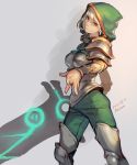  2013 alternate_costume armor bangs blonde_hair breastplate breasts brown_eyes dated greaves holding holding_sword holding_weapon hood huge_weapon league_of_legends long_hair medium_breasts pants pauldrons racoona redeemed_riven riven_(league_of_legends) solo sword vambraces weapon 