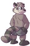  andy_(heyitscousindave) anthro barefoot biceps boxers_(clothing) butt clothed clothing eyewear furgonomics glasses goronic looking_at_viewer looking_back male mammal procyonid raccoon rear_view solo standing tail_clothing topless underwear 