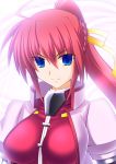  ahoge blue_eyes breasts commentary_request engo_(aquawatery) large_breasts long_hair lyrical_nanoha pink_hair ponytail signum solo 