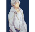 adapted_costume belt blue_background casual contemporary cowboy_shot hood hoodie jacket jewelry looking_at_viewer male_focus necklace okki2012 open_clothes open_jacket pants pom_pom_(clothes) simple_background smile solo touken_ranbu tsurumaru_kuninaga white_hair white_pants yellow_eyes 