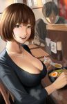  1girl :d bangs black_sweater bowl breasts brown_eyes brown_hair chair chopsticks cleavage collarbone commentary cup drinking_glass eating egg food indoors jewelry large_breasts looking_at_viewer menu necklace noodles open_mouth original ramen restaurant short_hair shot_glass sitting smile spoon steam sweatdrop sweater table urasuji_samurai 