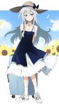  blue_eyes breasts cloud cloudy_sky commentary_request dress eyebrows_visible_through_hair flower graphite_(medium) hair_between_eyes hat hibiki_(kantai_collection) highres kantai_collection long_dress long_hair looking_at_viewer nel-c shoes silver_hair sky small_breasts smile sneakers solo suitcase sunflower traditional_media white_legwear 